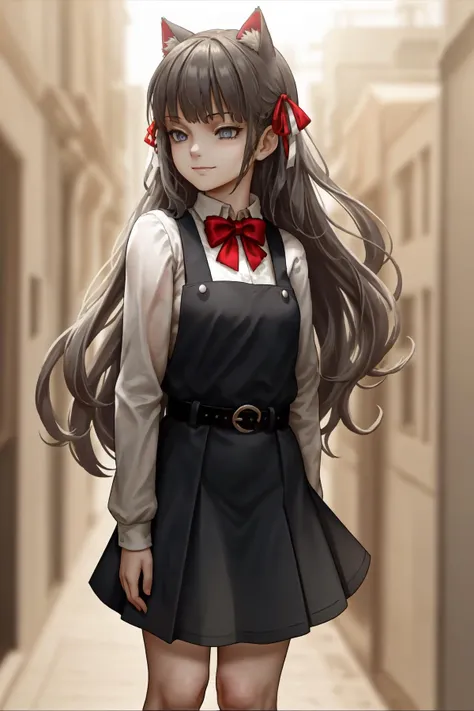 best quality, masterpiece,
SHUISHU10,1girl,
long hair,
very long hair,
black hair,
hair ribbon,
cat ears,
cat girl,
grey eyes,
(slightly) smile,
BPD,black pinafore dress,long skirt,red bowtie,belt
depth of field,
city,
bare legs,
white socks,
standing,