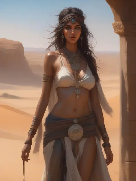 a full body portrait of a beautiful nude woman post apocalyptic offworld desert bedouin blind beggar by the well, intricate, elegant, highly detailed, digital painting, artstation, concept art, smooth, sharp focus, illustration, art by krenz cushart and artem demura and alphonse mucha