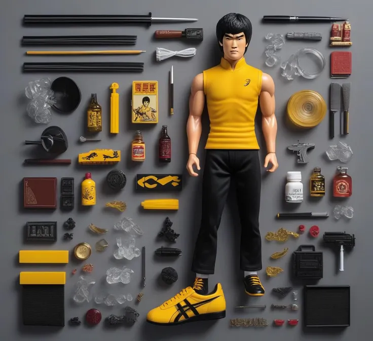 knolling, Things and Objects, Bruce Lee collect Figure , lots of details and additions, assembled character in the center of the image