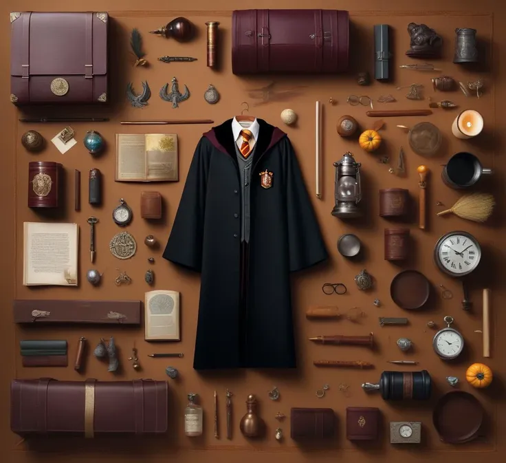 knolling, Things and Objects, Harry Potter., lots of details and additions, assembled character in the center of the image
