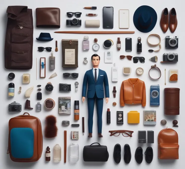 knolling, Ken doll and objects, lots of details and additions, assembled character in the center of the image