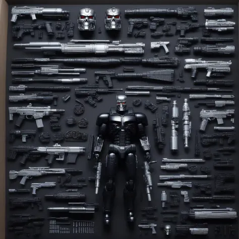 knolling, Things and Objects, Terminator collect Figure, interchangeable arms and heads, lots of details and additions, assembled character in the center of the image