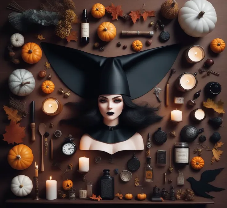 knolling, Things and objects, witches., lots of details and additions, assembled character in the center of the image