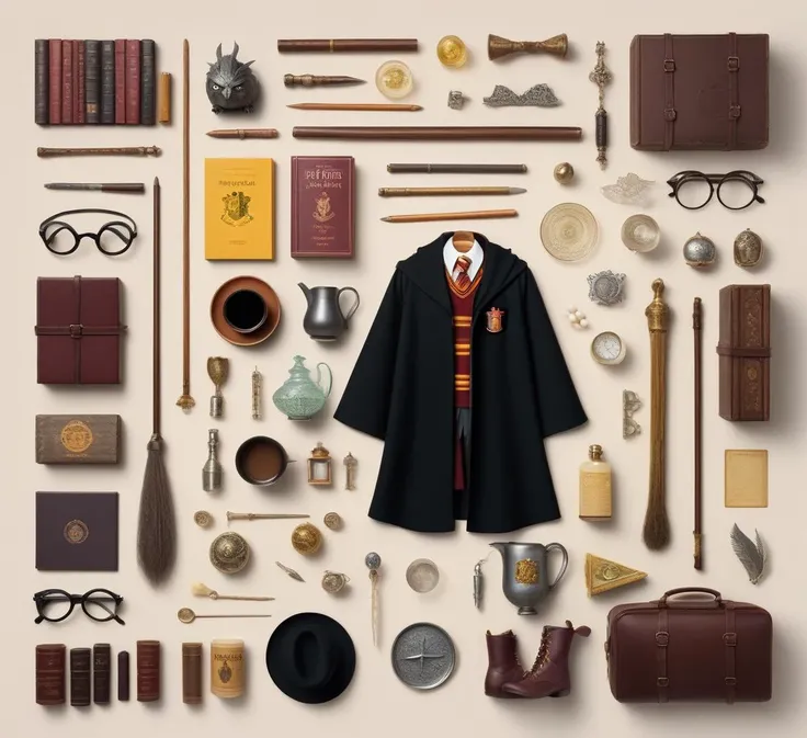 knolling, Things and Objects, Harry Potter., lots of details and additions, assembled character in the center of the image