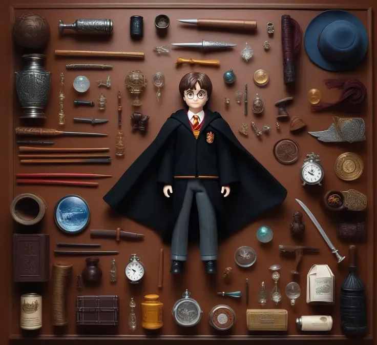 knolling, Things and Objects, Harry Potter figurine doll, lots of details and additions, assembled character in the center of the image