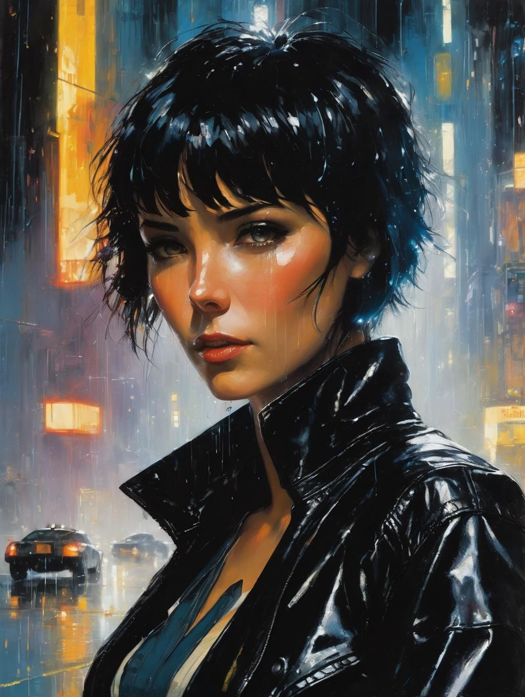 1 female, short hair, with black leather jacket,
blade runner
raining
shadow
dramatic lighting
art by John Berkey
(best quality, masterpiece, )
