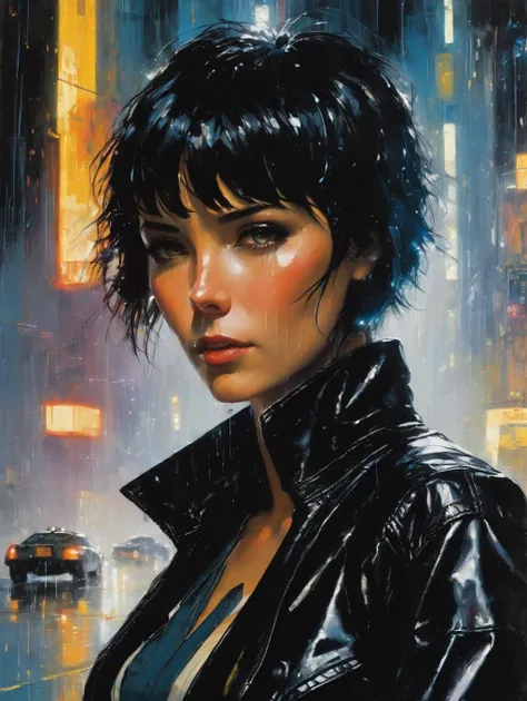 1 female, short hair, with black leather jacket,
blade runner
raining
shadow
dramatic lighting
art by John Berkey
(best quality, masterpiece, )