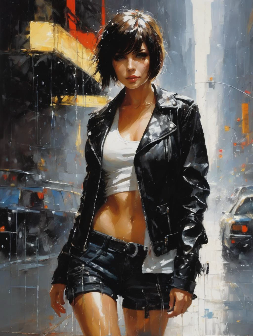 1 female, short hair, with black leather jacket,
white Camisole Tank Top, shorts
raining
shadow
dramatic lighting
art by John Berkey
(best quality, masterpiece, )