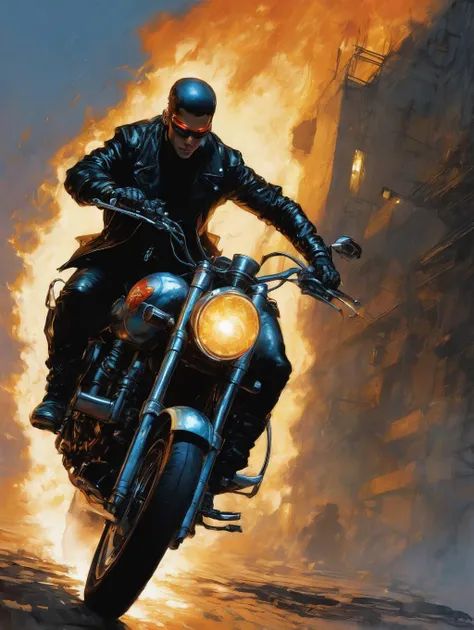 1 cyborg warrior with black leather jacket, fire, sci-fi, riding a bike
best shadow, cinematic lighting
art by Gerard Brom, Alex Maleev
(best quality, masterpiece, )