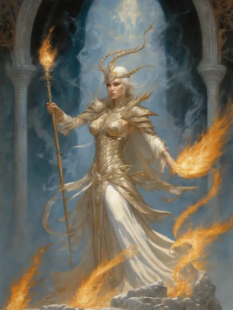 1 female,  mage
casting fire
detailed face 
ruins 
shadow
dramatic lighting
 dragons
art by Karol Bak Kay Nielsen
(best quality, masterpiece, )