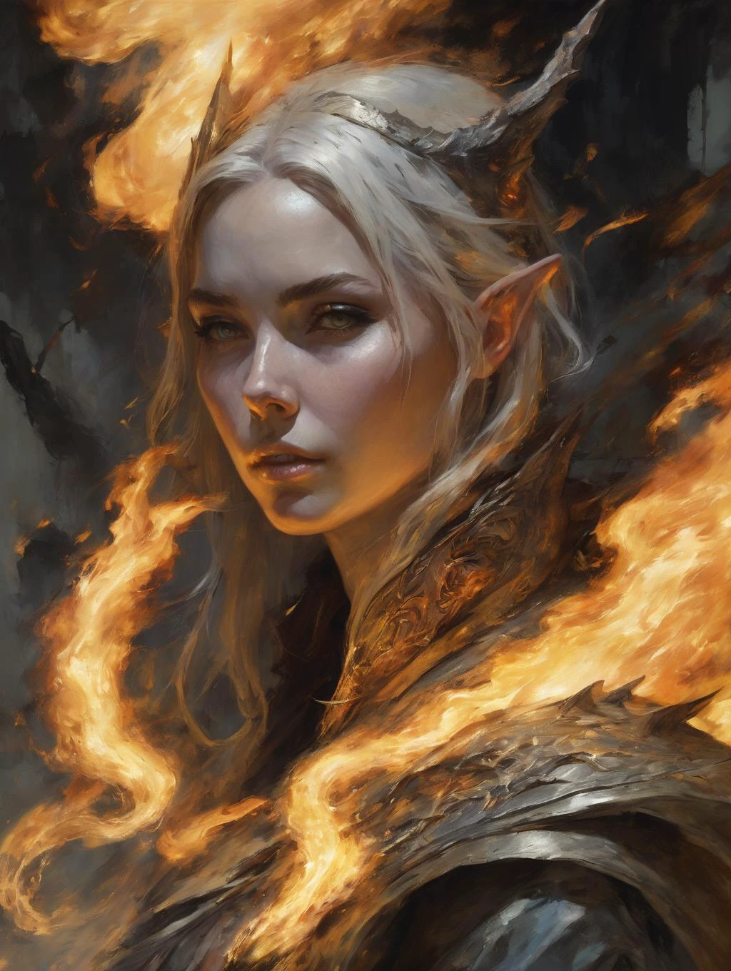 1 female, wizard
casting fire
detailed face
closeup
ruins
shadow
dramatic lighting
dragons
art by Ashley-Wood Amanda-Sage
(best quality, masterpiece, )