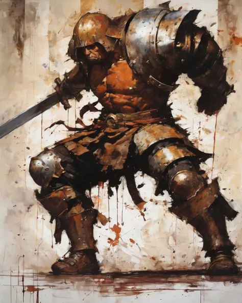 1 man, berserker,   swing a huge sword,
 battle stance,
  armor
abstract
   (best quality, masterpiece, art by Ashley Wood )