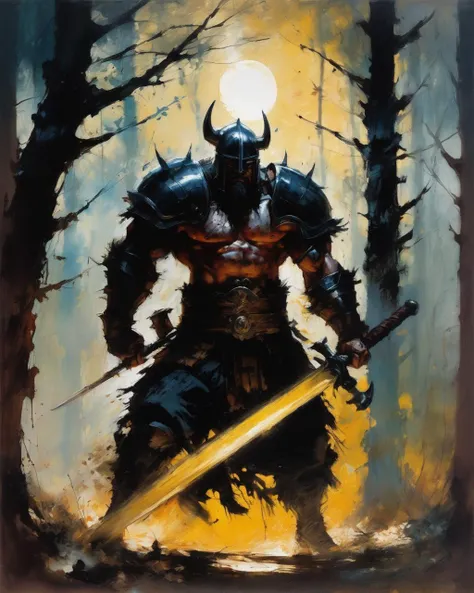 1 man, berserker, swing a huge sword,
glowing eyes,
battle stance,
dark armor,
forest,
shadow,
moon light
dry brush strokes, oil painting
(best quality, masterpiece, art by Ashley Wood )