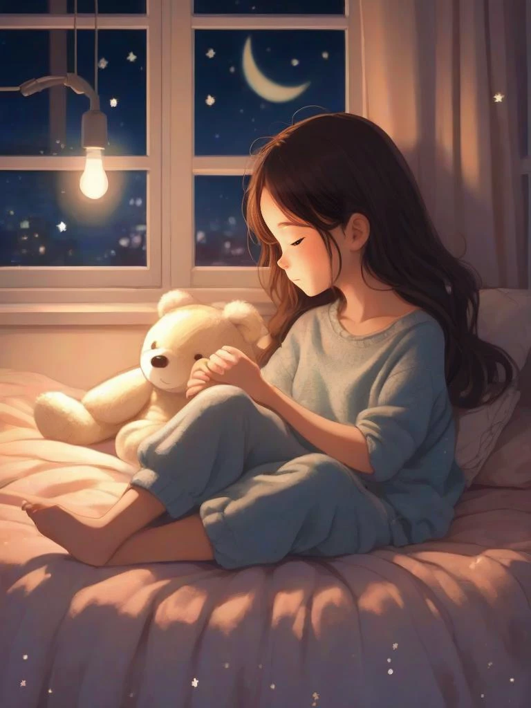 cute sleeping comfortably on a bed, covered with a blanket, stuffed animal, string lights on the wall, window, cozy and comforting atmosphere, nighttime, wonder, pixiv,
