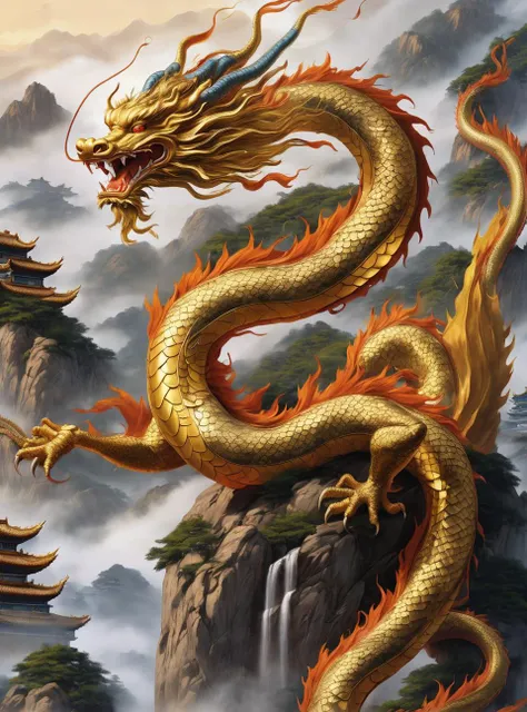 ((masterpiece)),((best quality)),((official art)),(extremely detailed CG unity 8k wallpaper),((highly detailed)),((illustration)),traditional chinese painting,((Chinese wind)),Golden Dragon,
