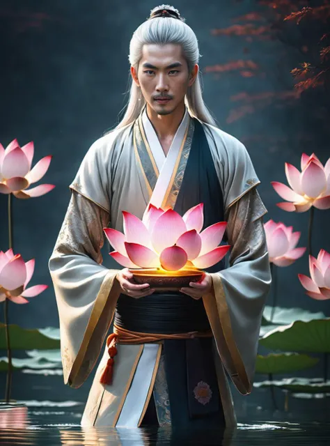 (best quality),(photo-realistic:1),realistic skin texture,bokeh,face focus,looking at viewer,from below,1man,male,long hair,white hair,full_body,slim body,upper body,Song Dynasty,gorgeous,Chinese hanfu,long sleeve,(floating Lotus:1.5),((((Lotus, Ice and Fire Lotus, Glowing Lotus))))