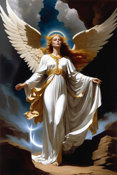 (art by charles bargue:1.3), the angel of death, (Cloaked in flowing, ethereal robes that shift like twilight mist, adorned with celestial symbols of eternity), (Radiating an aura of solemn grace, the angel of death carries out their sacred duty with compassion and unwavering resolve), (With piercing, compassionate eyes and feathered wings that span the expanse of eternity, their presence instills both awe and comfort), ((Ambient Occlusion, Volumetric Lighting, Volumetric Light, Volumetric, Natural Lighting, super resolution, ultra hd, megapixel, (8k resolution), 8k, 8kres, 8k res, absurdres, high resolution)),
