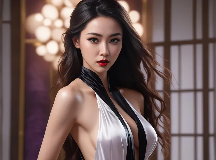 (masterpiece, top quality, best quality, official art, beautiful and aesthetic:1.2), (photorealistic, ultra realistic 8k CG), raw photo, photo:1.5, realistic:1.5, photorealistic:1.5, ultra highres, 8k, texture skin, realistic skin, detailed skin, highest detailed, extreme detailed, 8k wallpaper, colorful,
Wearing a sexy white and black halter dress, the big open dress reveals deep cleavage, the towering chest protrudes forward on the garment, the traces of the purple sexy bra are clearly visible on her body, the beautiful face of the waxing, dabbing lipstick,
(focus on), color Ink wash painting,
<lora:sdxL_offset:1> <lora:faces_v1:0.5> <lyco:neg4all_bdsqlsz_xl_V7:1.0>