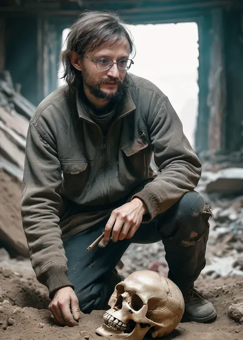 a cinematic scene of drobyshevsky Archaeologist excavates a giant giant's skull, (Pulling back a Slingshot:1.0), (Wearing Knee Pads:1.0), (in a post-apocalyptic crumbling cinema, torn posters, dusty projector, broken seats, lopsided screen.:1.0), ultra high realism, ultra high details, ultra high quality, ultra high sharpness, <lora:drobyshevskyXL:1>