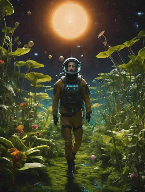 (full body|full-length), A scene in a parallel universe where Ryan Gosling hunts alien insects with a net. There's alien flora and fauna all around, several moons in the sky.