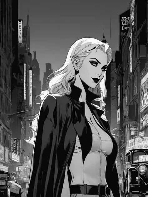 ((by Frank Miller,30's sin city style,Bloodstainedai ,grayscale visual novel of joker,b&w,color accent,(Short white hair female elf,fashion pose,Smile emoticon, mouth curved upwards),noir atmosphere,night city street in gotham background,full body, arthouse, detailed beauty face, detailed beauty eyes)), (high quality, masterpiece:1.2), perfect composition, visual storytelling"