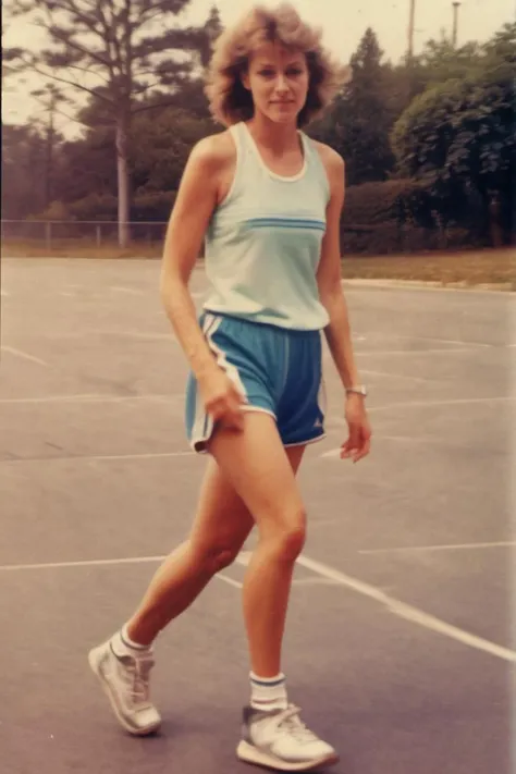 photo of a 25yo woman taked in 1980 , taken with cellphone camera, low quality, a little blurry and faded, Reebok high-top aerobic shoes