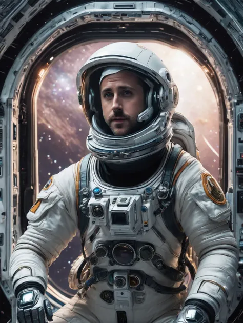 (full body|full-length), outer space, (best quality:1.3), (masterpiece:1.3), (detailed:1.2), 8K, space station scene, an (astronaut Ryan Gosling open space suit helmet:1.1), floating gracefully inside the alien space chip