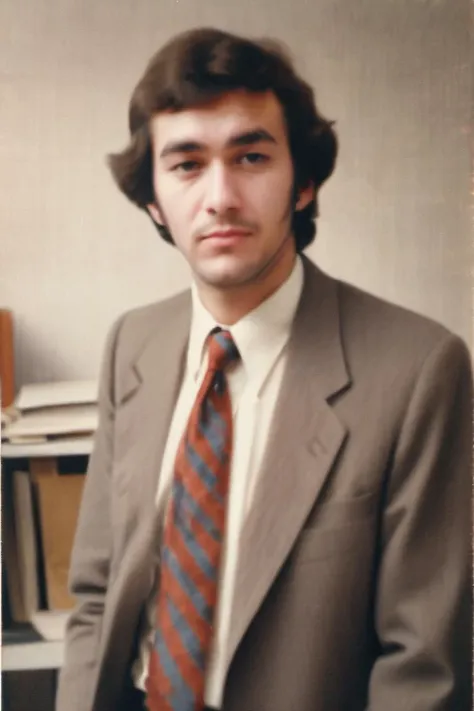 photo of a 25yo man taked in 1980 , taken with cellphone camera, low quality, blurry and faded, wearing office clothes