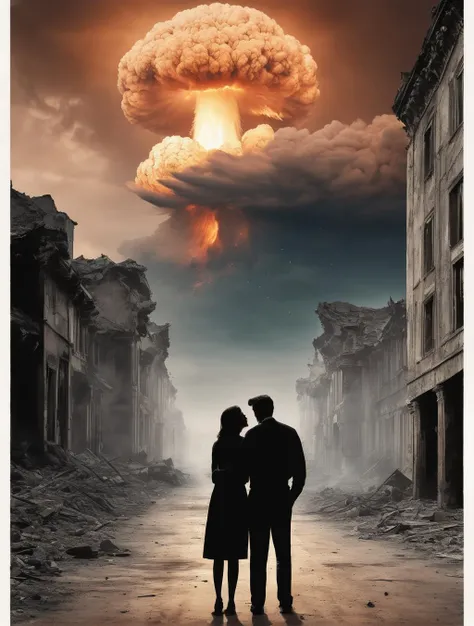 Create an image where a serene and peaceful landscape is juxtaposed with a stark and unsettling contrast. In the background,a mushroom cloud from a distant atomic explosion billows up into the sky,casting an eerie glow over the surroundings,while blowing away the surrounding building. In the foreground an old couple is standing hugging each other,((man kissing the forehead of woman)),symbolizing innocence and vulnerability in the face of chaos. The couple stance and expression are calm,creating a haunting contrast to the devastation behind,evoking emotions of shock,sadness,and reflection,
