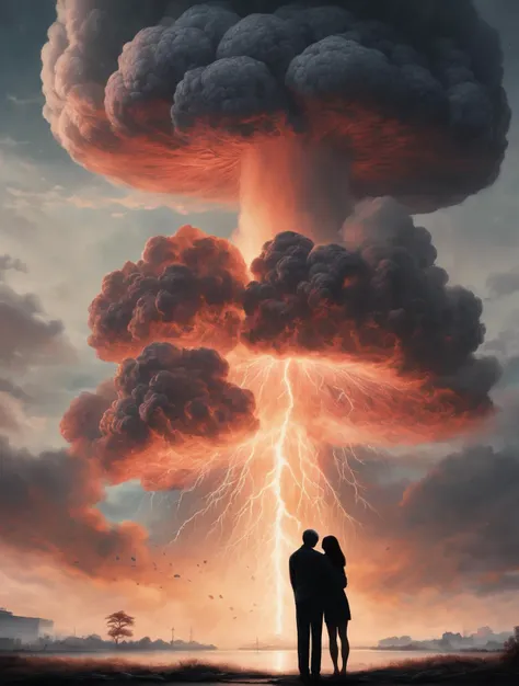 Create an image where a serene and peaceful landscape is juxtaposed with a stark and unsettling contrast. In the background,a mushroom cloud from a distant atomic explosion billows up into the sky,casting an eerie glow over the surroundings,while blowing away the surrounding building. In the foreground an old couple is standing hugging each other,((man kissing the forehead of woman)),symbolizing innocence and vulnerability in the face of chaos. The couple stance and expression are calm,creating a haunting contrast to the devastation behind,evoking emotions of shock,sadness,and reflection,