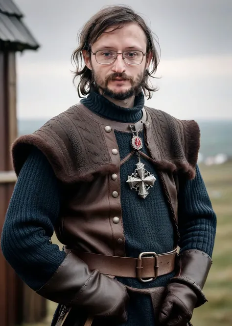 drobyshevsky Viking is standing, leather gloves, leather armor, fur, photo <lora:drobyshevskyXL:1>