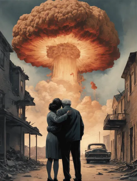 Create an image where a serene and peaceful landscape is juxtaposed with a stark and unsettling contrast. In the background,a mushroom cloud from a distant atomic explosion billows up into the sky,casting an eerie glow over the surroundings,while blowing away the surrounding building. In the foreground an old couple is standing hugging each other,((man kissing the forehead of woman)),symbolizing innocence and vulnerability in the face of chaos. The couple stance and expression are calm,creating a haunting contrast to the devastation behind,evoking emotions of shock,sadness,and reflection,