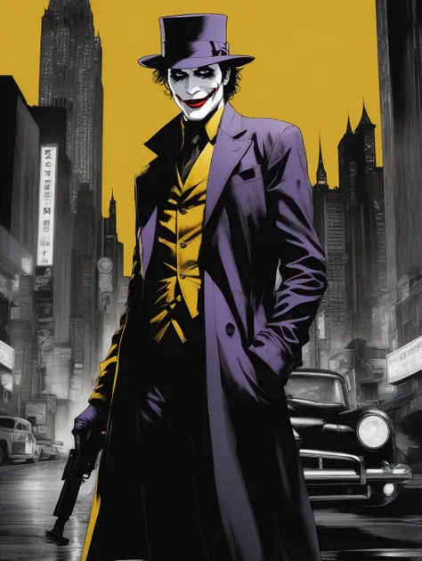 ((by Frank Miller,30's sin city style,Bloodstainedai ,grayscale visual novel of joker,b&w,color accent,emphasis on deep yellow color,wearing punk jacket,smoking joker,wears a hat,(laughing:1.1),holding a thompson submachine gun,noir atmosphere,night city street in gotham background,full body, arthouse, detailed beauty face, detailed beauty eyes)), (high quality, masterpiece:1.2), perfect composition, ((\"chaotic, absurd and anarchy sign\")),visual storytelling"