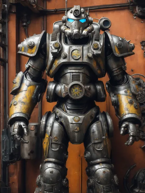 photo, fallout power armor, intricated details, hyperrealism, vault boy, 8ft height, photo made on iPhone, atomic punk, hyperdetailed