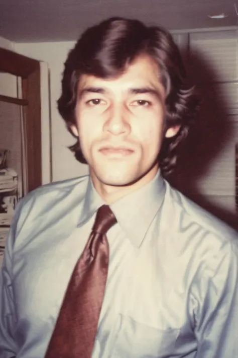 photo of a 25yo man taked in 1980  , taken with cellphone camera,  low quality,  blurry and faded, wearing office clothes