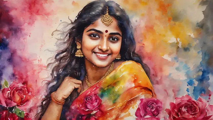 artstyle-watercolor, watercolor painting of a full view a Mythological Tamil beauty of full body, slightly dusky skin tone, with perfect body structure, wearing an infinite long saree covering the body vitals, is smiling in the middle of colour splashes, full body, roses in the in the background . vibrant, beautiful, painterly, detailed, textural, artistic