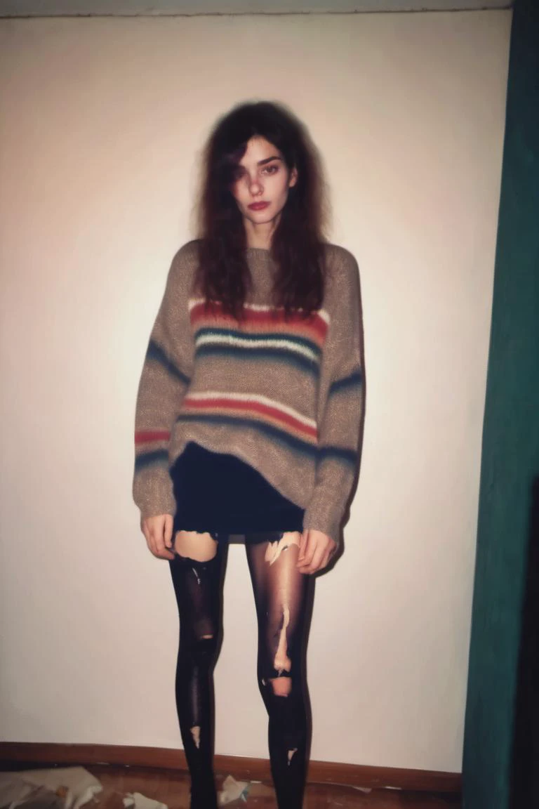 photo of a 25yo woman taked in 1990 , taken with cellphone camera, low quality, blurry and faded, Grunge-inspired ripped tights and oversized sweater