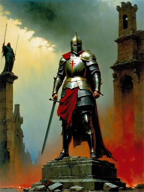 art by Gerard Brom, Alex Maleev (best quality, masterpiece, ),(Warrior in damaged armor, back only, front not visible, standing in front of statue),Standing in the ruins of a medieval town, with a damaged stone statue in the center of the picture, the sky is covered with dark clouds and it is raining red