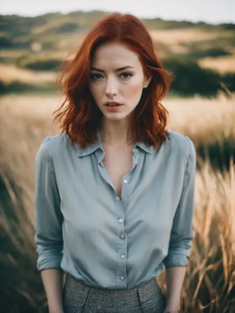 a redhead portrait woman is agitated and random,  high quality cinematic photograph, Fuji analog camera, noise, 35mm