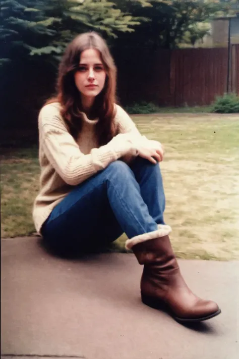 photo of a 25yo woman taked in 1980 , taken with cellphone camera, low quality, a little blurry and faded, Slouchy ankle boots
