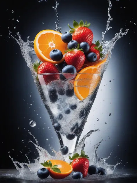 (Cinematic Photo:1.3) of (Realistic:1.3) a studio shot of a (exploding:0.2) (Fruit in low gravity:1.1) (Splashing:0.9) a glass of water with strawberries, oranges and blueberries in it, splash image, full-color, on a canva, splashes of liquid, drinks, a fruit basket, strong red hue, hgh, evokes delight, water swirling, by Fred Marcellino, top selection on unsplash, professional food photography, art photography. black background