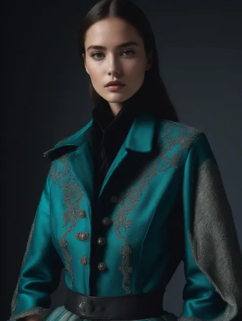 An award-winning closeup photo of a female model wearing a baggy teal distressed medieval cloth womenswear jacket by alexander mcqueen, 4 k, studio lighting, wide angle lens