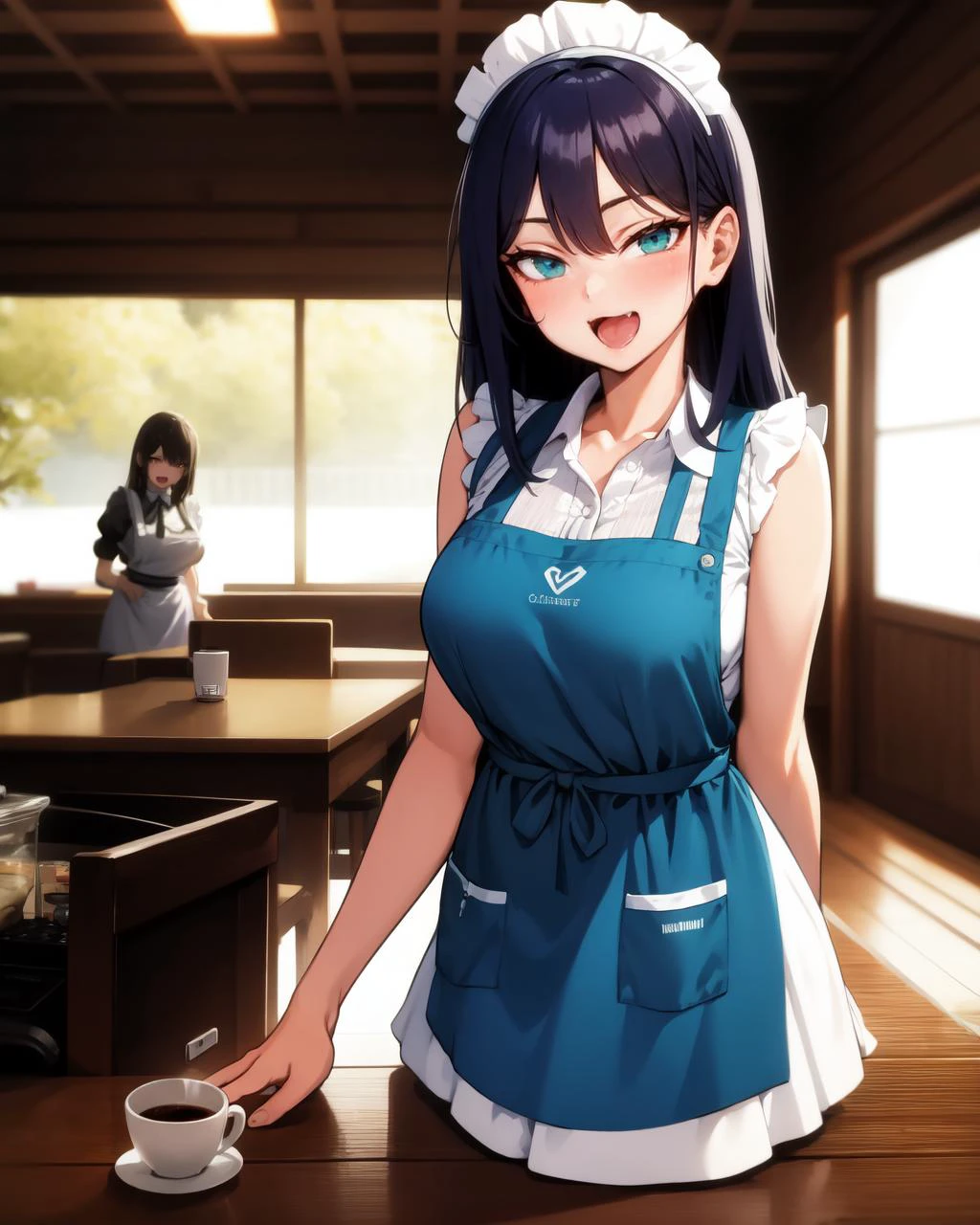 masterpiece, best quality, absurdres, (multiple girls:1.3), Lineup, 3girls, <lora:harem_4:0.8>, turquoise eyes, , <lora:age_slider_v2:1>, Long Hair, Side-swept hair, dark Purple Hair, , <lora:breastsizeslideroffset:0.1>Medium breasts, (slender:0.8), (looking at viewer), (tsurime) <lora:Tsurime:0.75>, :3, :d, open mouth, smug, fang, tooth fang, <lora:1667885763944721454:0.6>, nice hands, perfect hands, Beautiful Finger, <lora:GoodHands-vanilla:1>, maid, , maid apron, ,
BREAK modern cafe, coffee mill, coffee maker, hot coffee, table, (Deep Depth Of Field:1.2), (perfect anatomy), cowboy shot, Volumetric Lighting