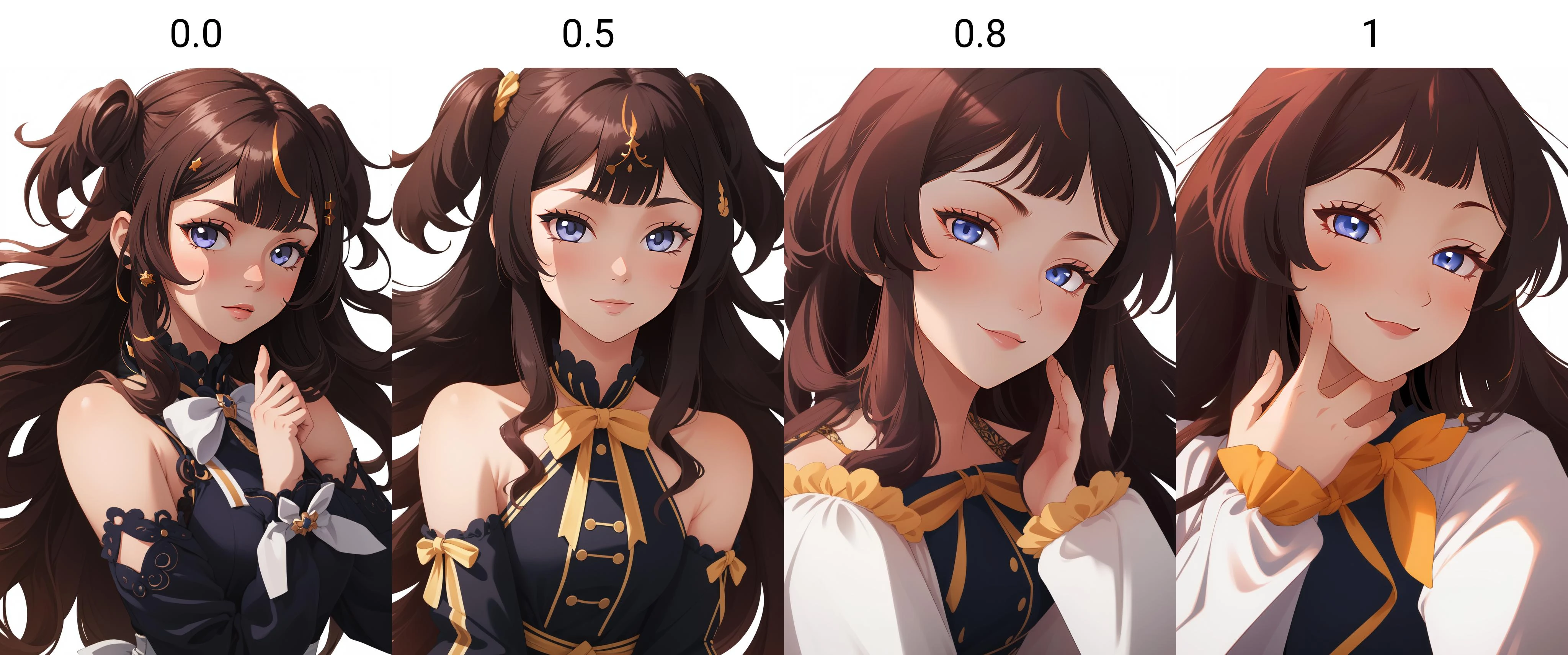 (masterpiece, best quality), intricate details,
1girl, <lora:anya_melfissa_3_outfits:0.8> melfissadefault, two side up, gradient hair, very long hair, detached sleeves, black dress, hair ornament, bow,
<lora:1667885763944721454:0.0> mesugaki, teasing, smug
simple background, face focus, upper body,
