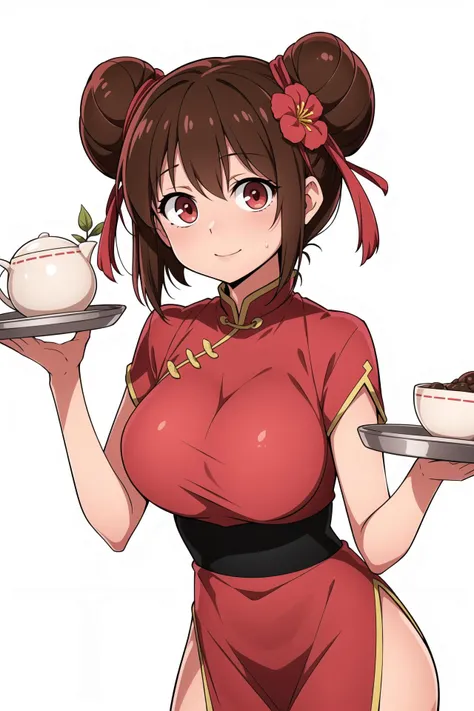 <lora:potato:0.6>,hotify,headgear,holding tray,white background,flower,brown hair,red eyes,looking at viewer,double bun,dress,yamamomo \(plank\),solo,medium hair,chinese clothes,hair bun,holding,touhoku kiritan,pink flower,simple background