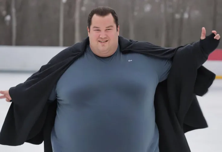 closeup upper_body,Segal man is ice skating,plump,obese,cloak,waving_arms,smirk,high quality photography,4k resolution,DLSR,Canon EOS R3,<lora:Segal_SDXL_V1:1>,