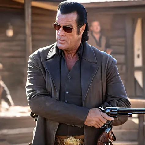 steven segal as an old west outlaw gunfighting the sheriff, ((Best quality)), ((Masterpiece)), (Detailed), best quality, 4k, 8k, ultra highres, raw photo in hdr, sharp focus, intricate texture, skin imperfections, photograph, high quality, film still, ((perfect)), extra sharp details, 8k high detail, award-winning, reflections,<lora:Segal_SDXL_V1:1>