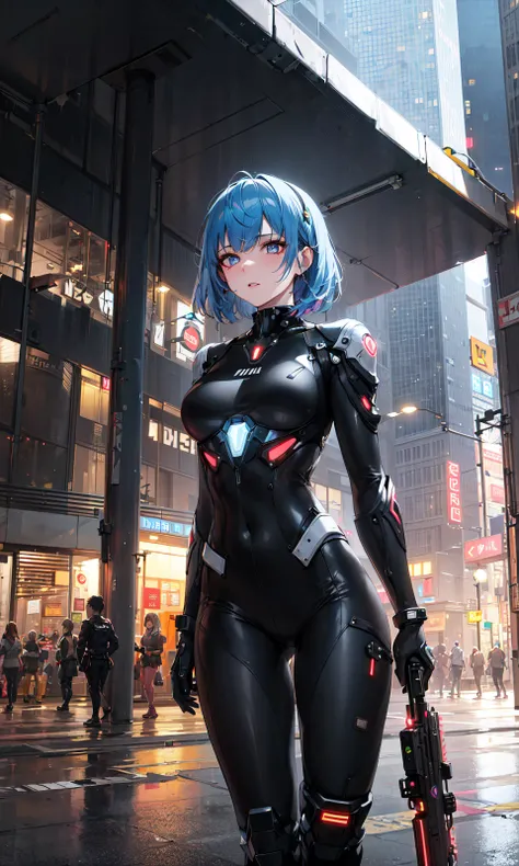 (masterpiece, best quality, ultra-detailed, best shadow), (saturated colors), (detailed background), (best illumination, an extremely delicate and beautiful), ((cinematic light)), hyper detail, dramatic light, intricate details, detailed face, detailed expression, detailed eyes, 1girl, (adult), mature, (futuristic city, futuristic street, (futuristic, sci fi)), portal, ((sci fi mercenary)), sci fi gun, (((pedestrians))), unemotional