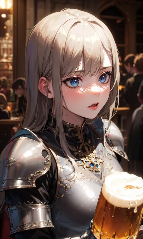 (masterpiece, best quality, ultra-detailed, best shadow), (saturated colors), (detailed background), (best illumination, an extremely delicate and beautiful), ((cinematic light)), hyper detail, dramatic light, intricate details, detailed face, detailed expression, detailed eyes, ((medieval inn)), 1girl, ((adult)), mature, ((armour)), beer, (((crowd)))