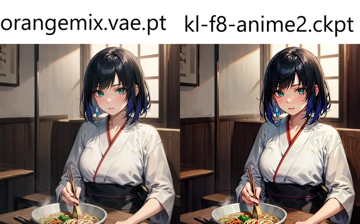 (masterpiece, best quality, ultra-detailed, best shadow), (detailed background), (best illumination, an extremely delicate and beautiful), ((cinematic light)), hyper detail, dramatic light, intricate details. detailed face, detailed expression, detailed eyes, ((japanese resturant)), (1girl), <lora:yelanLoraCollectionOf_yelanHard:0.8>, short black hair with blue tips, green eyes, mature, adult, (((clothes))), [[[full body]]], (milf), (content expression), (one bowl of ramen), sitting on chair, ((customers)), looking down the resurant